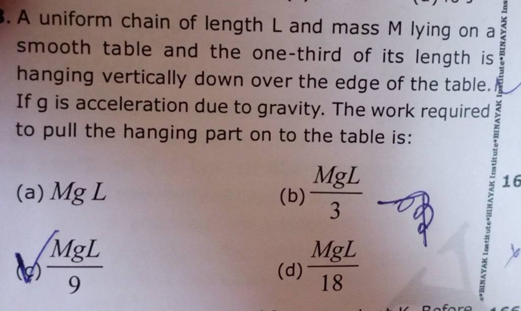 A uniform chain of length L and mass M lying on a smooth table and the on..