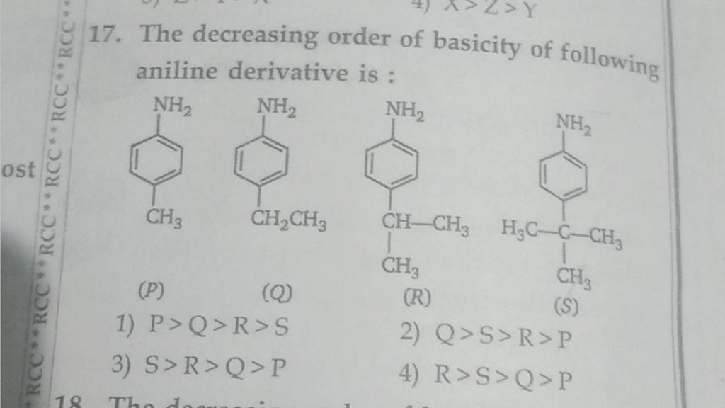 The decreasing order of basicity of following aniline derivative is (P)..
