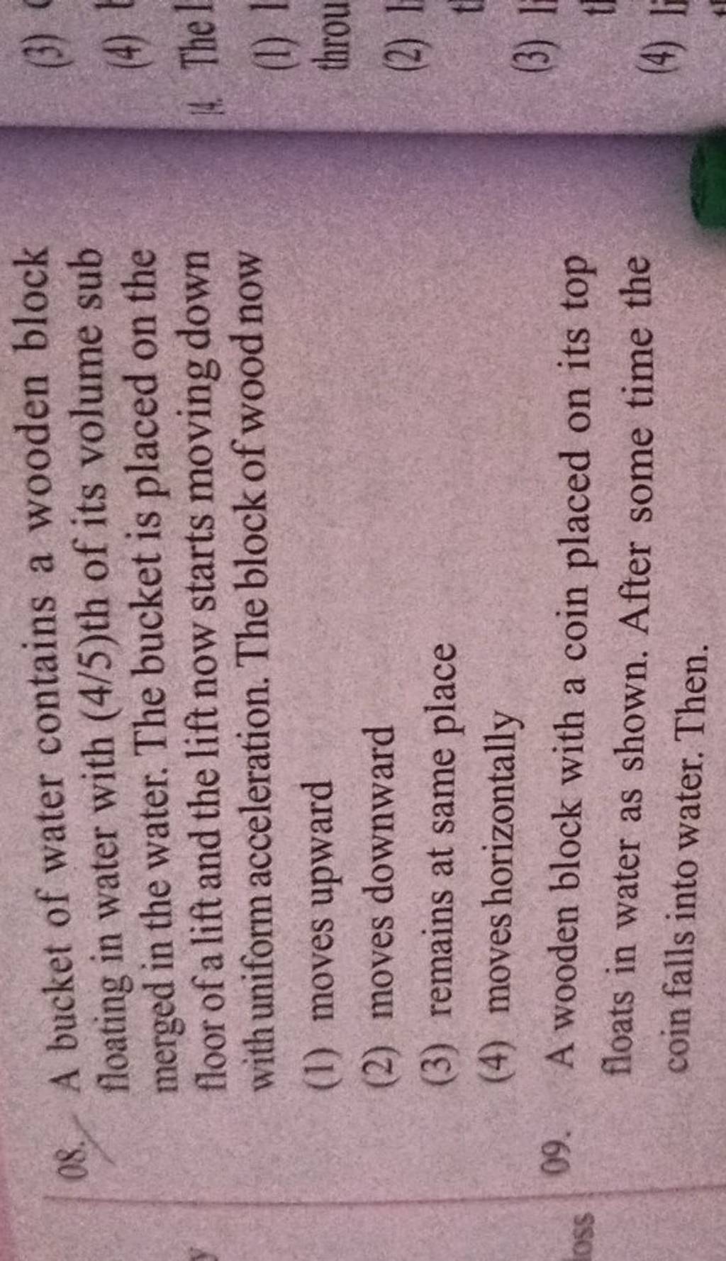 A bucket of water contains a wooden block floating in water with (4/5) th..