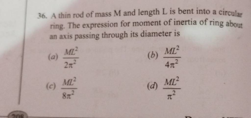 A thin rod of mass M and length L is bent into a circular ring. The expre..