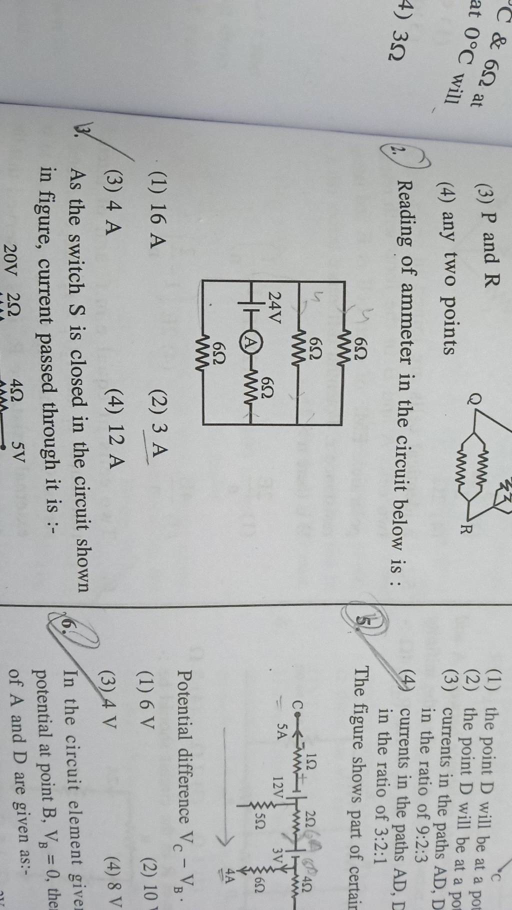 3Ω 2. Reading of ammeter in the circuit below is Filo