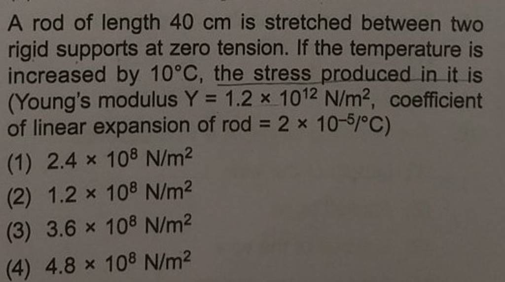A rod of length 40 cm is stretched between two rigid supports at zero ten..