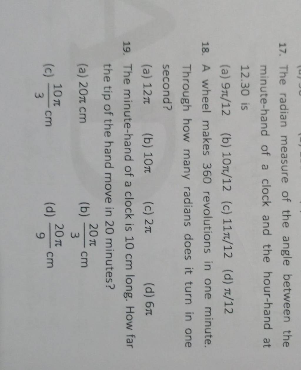 The minutehand of a clock is 10 cm long. How far the tip of the hand mov..