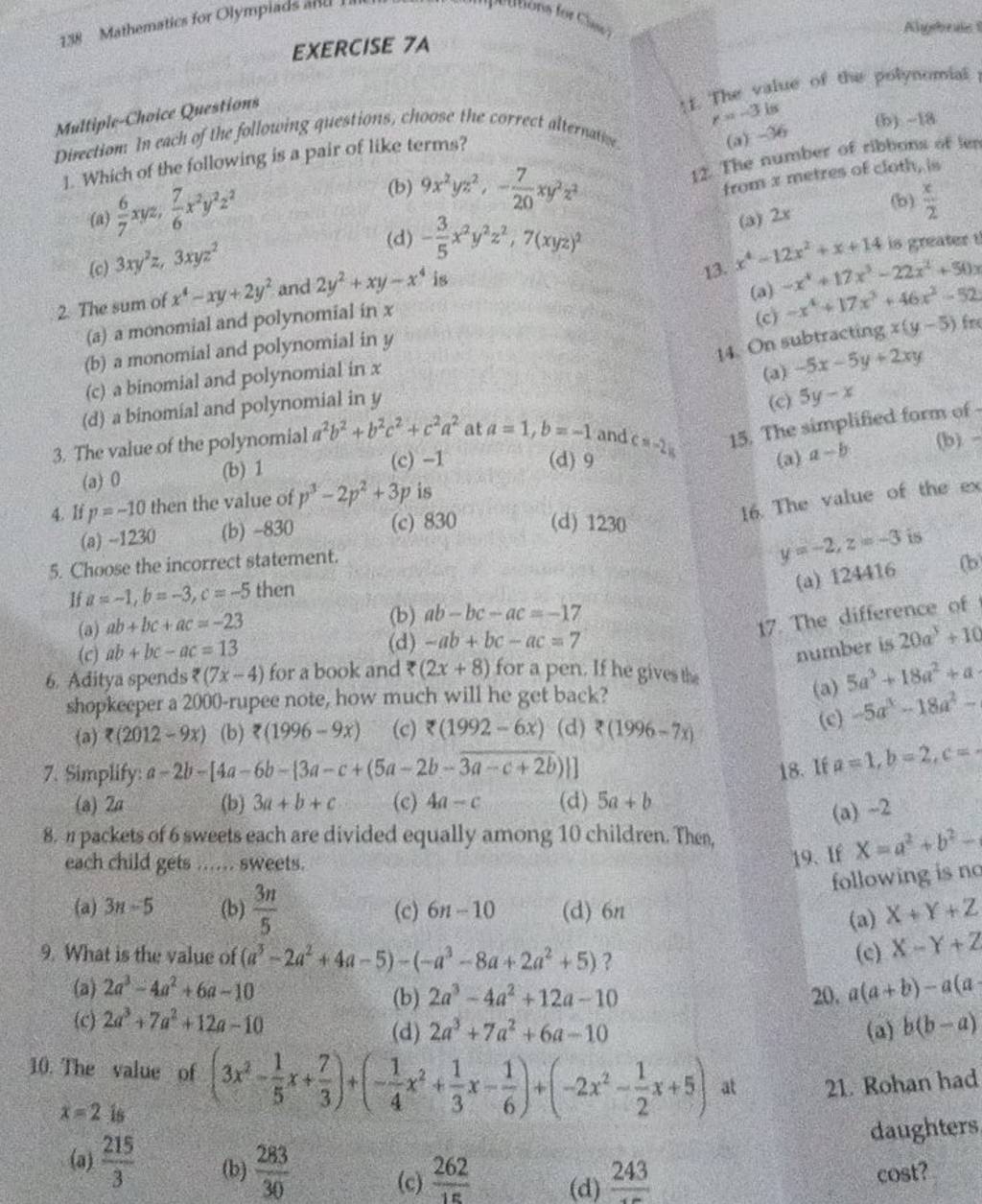 Simplify: a−2b−[4a−6b−{3a−c+(5a−2b−3a−c+2b)∣] 18. If p=1,b=2,c= | Filo