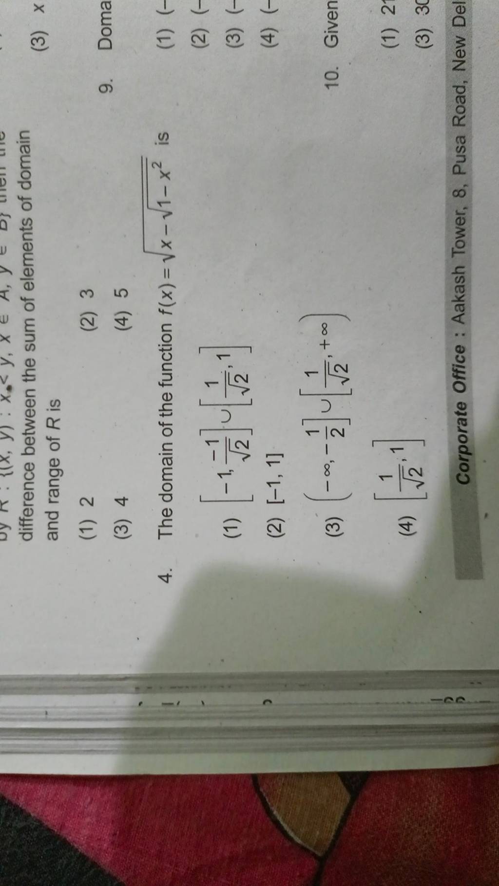 Difference between the sum of elements of domain and range of r is filo