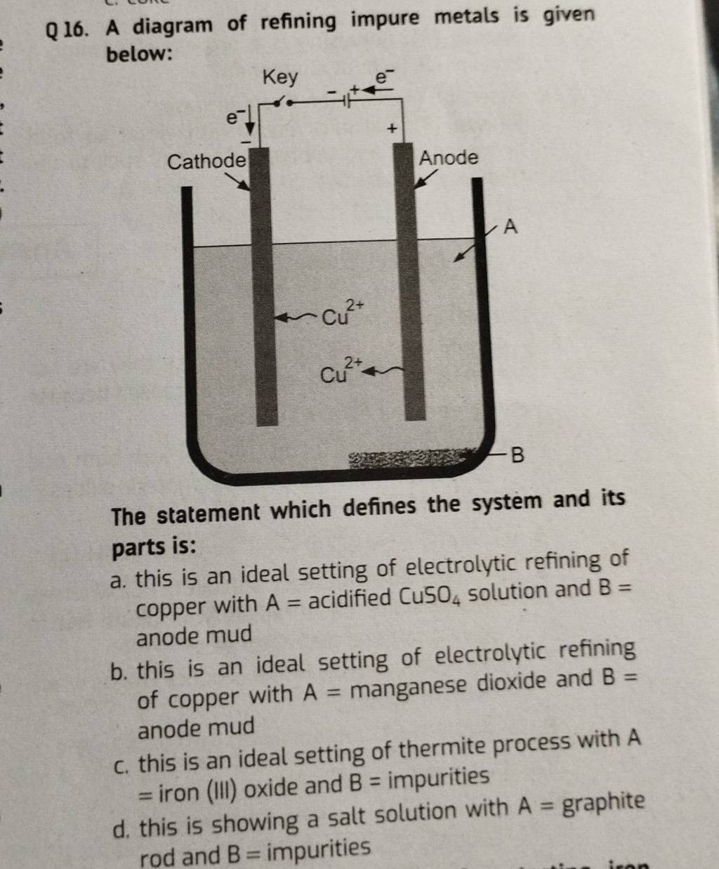Q16. A diagram of refining impure metals is given below: The statement wh..