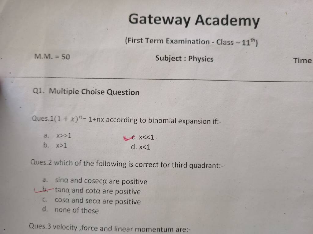 Gateway Academy (First Term Examination - Class −11th  ) M.M. =50 Subj