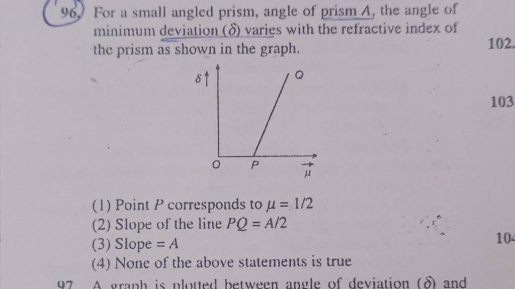 For a small angled prism, angle of prism A, the angle of minimum deviatio..