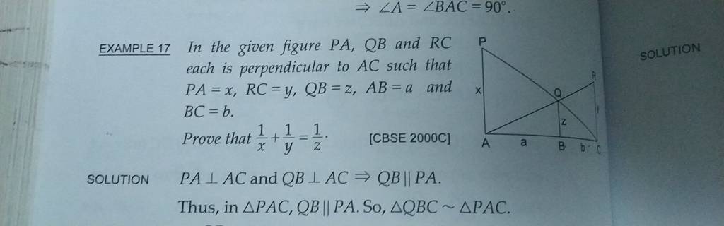 ⇒∠A=∠BAC=90∘ EXAMPLE 17 In The Given Figure PA,QB And RC Each Is Perpendi..