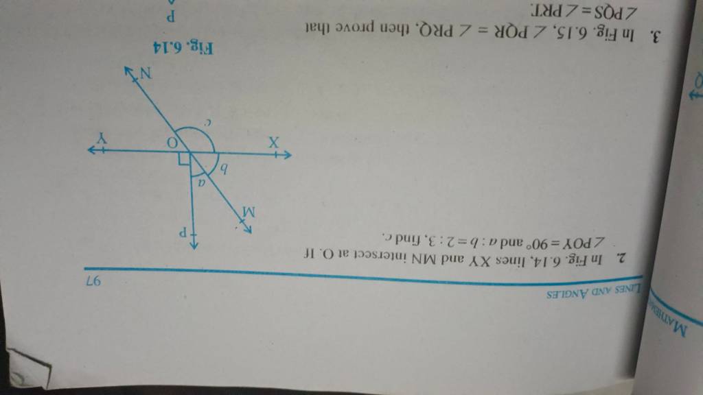 LINES AND ANGLES 97 2. In Fig. 6. 14, lines XY and MN intersect at O. If