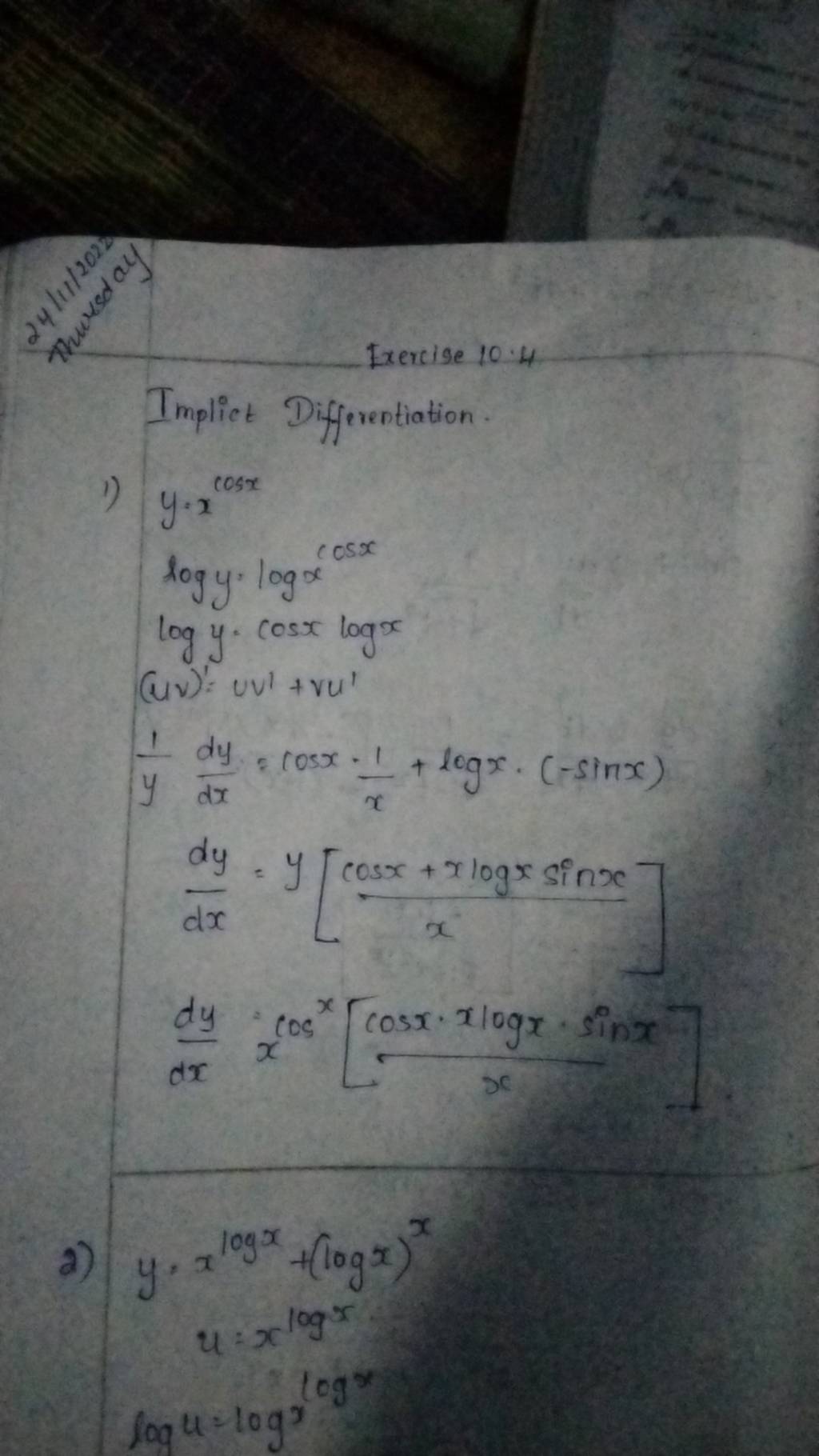 \log y=\log x^{\cos x} \\ \log y \cdot \cos x \log x \\ (u)^{\prime}=u v^..