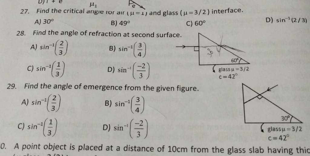 Find the critical angıe ror aır (μ=1) and glass (μ=3/2) interface. | Filo