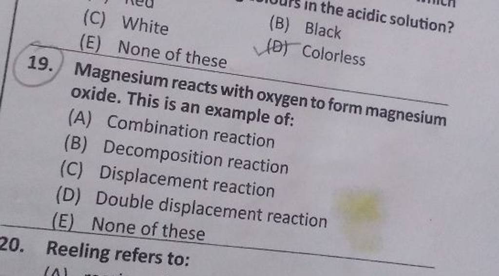 Magnesium reacts with oxygen to form magnesium oxide. This is an example