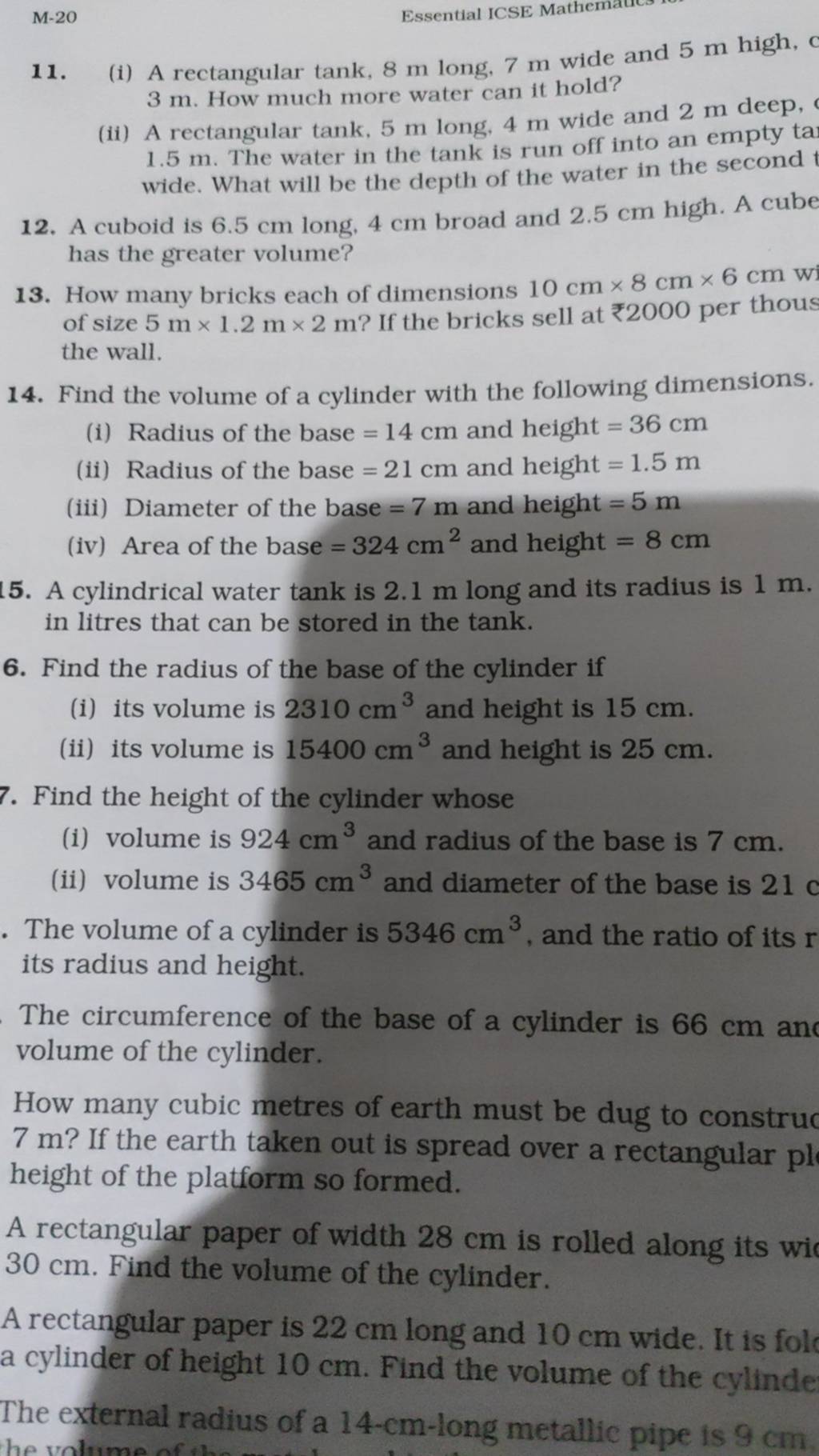 11. (i) A rectangular tank, 8 m long, 7 m wide and 5 m high, 3 m. How muc..