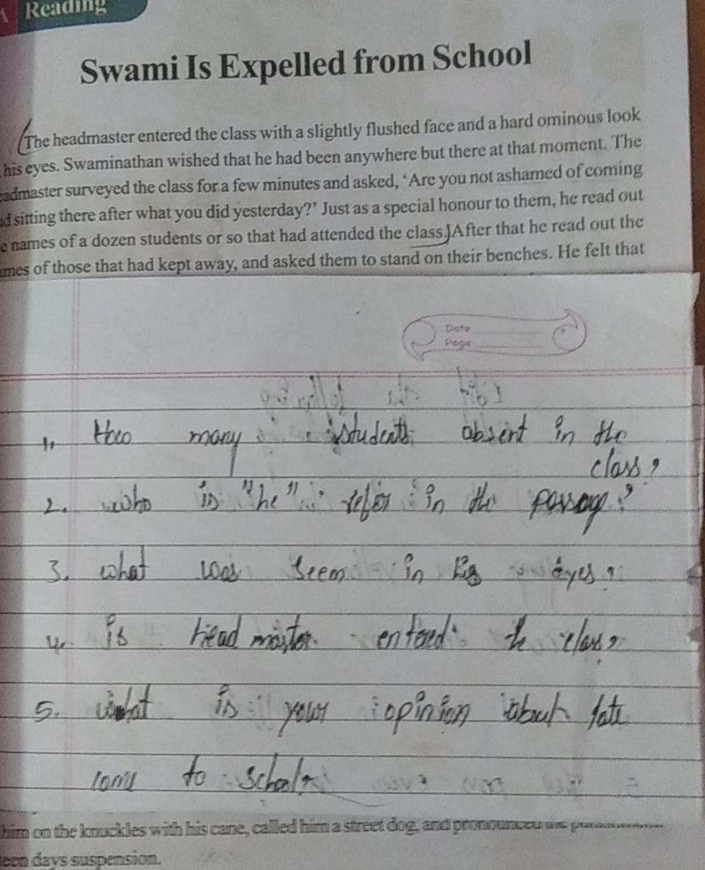 Swami Is Expelled from School The headmaster entered the class with a sli..