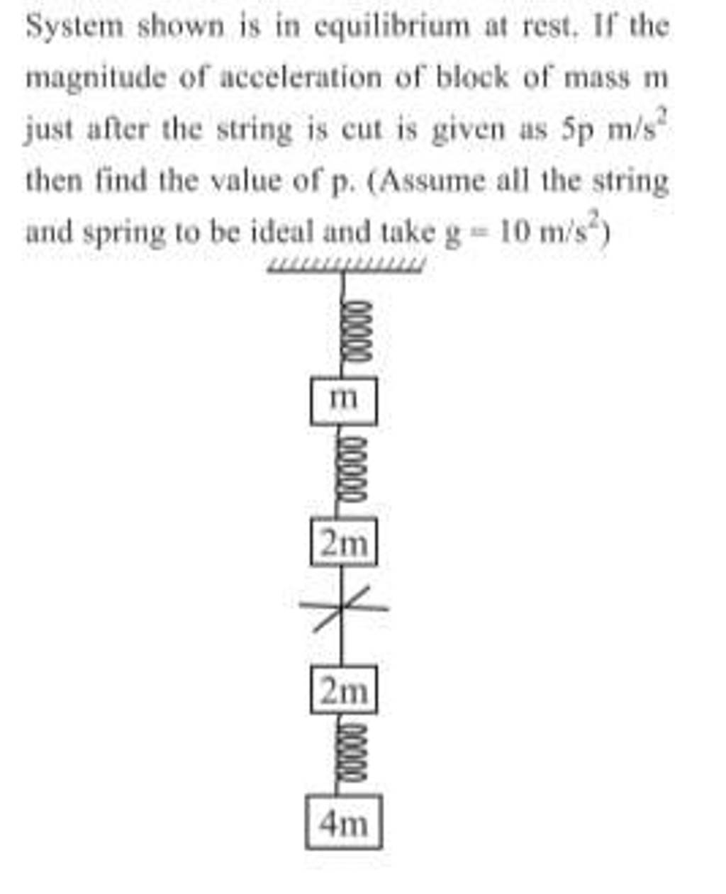 System shown is in equilibrium at rest. If the magnitude of acceleration