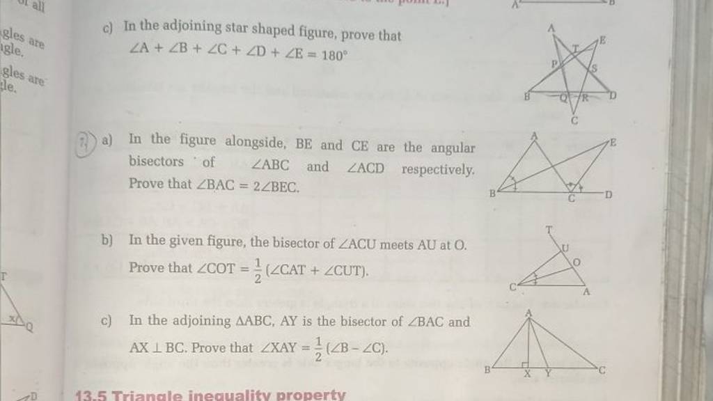 c) In the adjoining star shaped figure, prove that ∠A+∠B+∠C+∠D+∠E=180∘ 7...