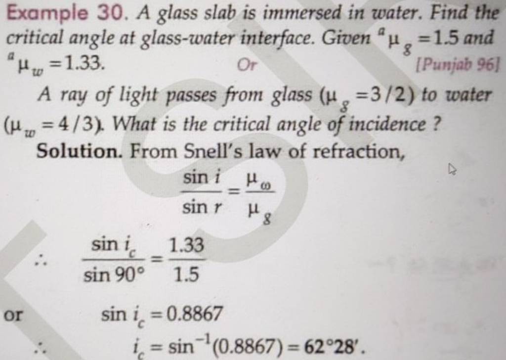 Example 30. A glass slab is immersed in water. Find the critical angle at..