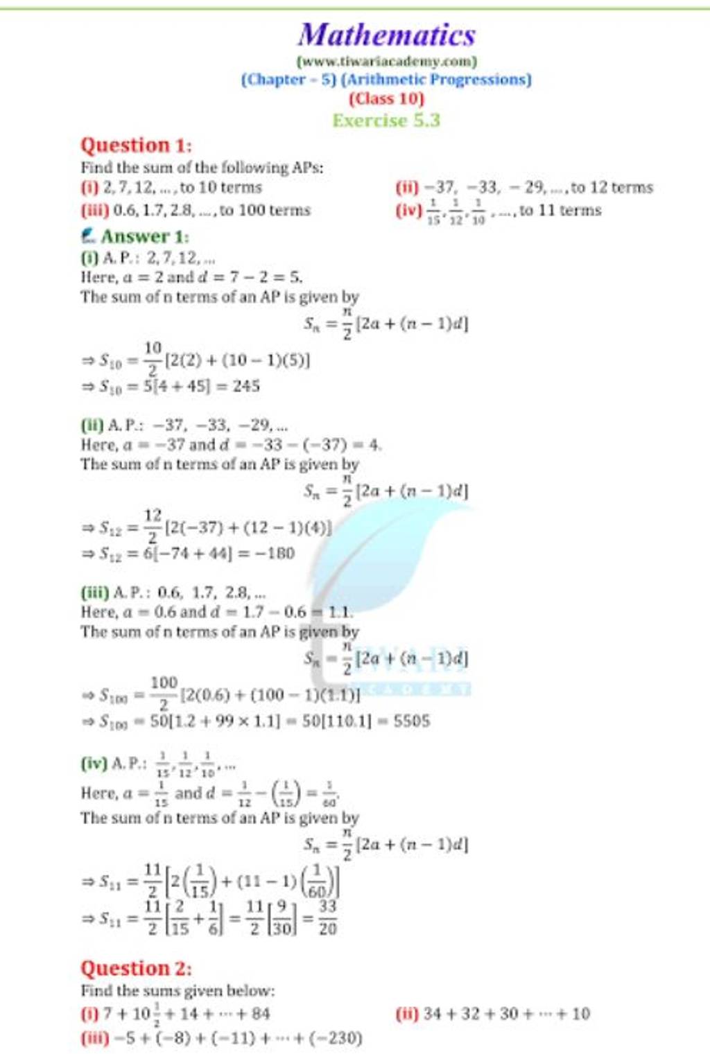 Mathematics (www,tiwariacademy,com) (Chapter - 5) (Arithmetic Progression..