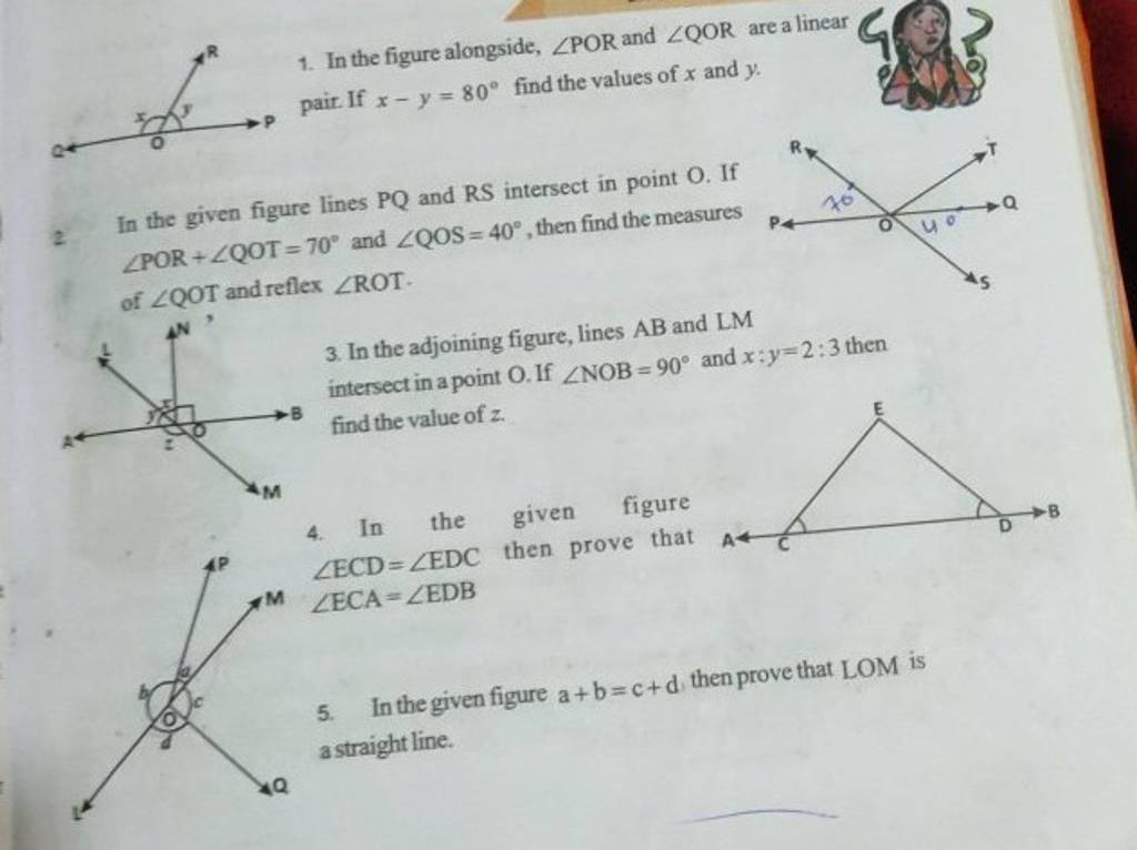 1. In the figure alongside, ∠POR and ∠QOR are a linear pair. If x−y=80∘ f..