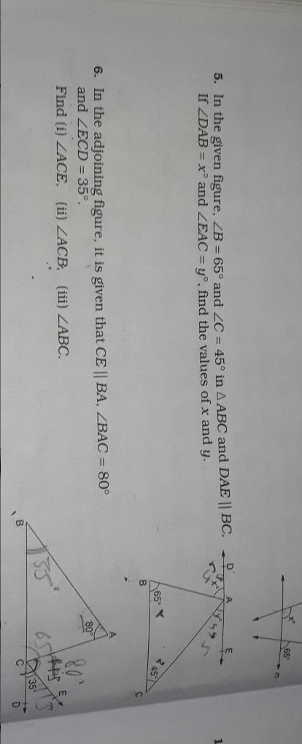 5. In the given figure, ∠B=65∘ and ∠C=45∘ in ABC and DAE∥BC. If ∠DAB=x∘