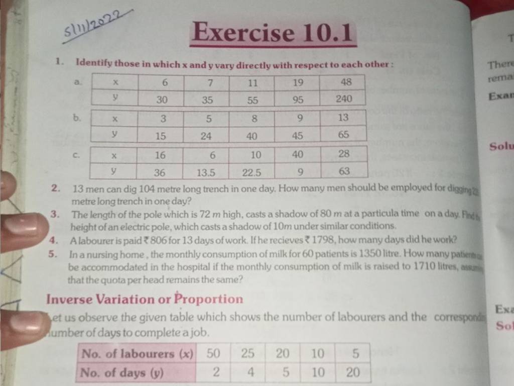 5(11) 202
Exercise 10.1
1. Identify those in which x and y vary direct