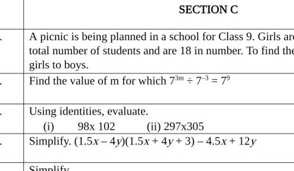 SECTION C A picnic is being planned in a school for Class 9. Girls ar tot..