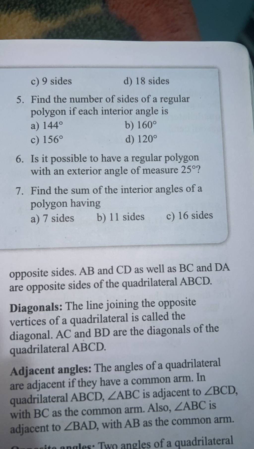 c) 9 sides d) 18 sides 5. Find the number of sides of a regular polygon i..