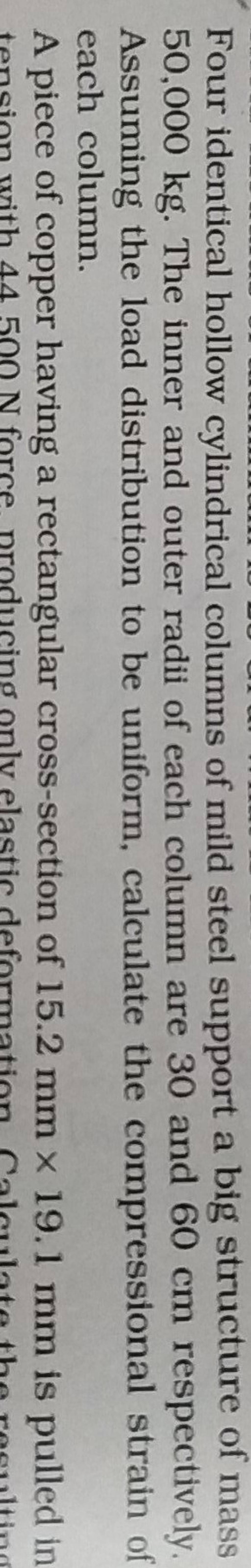 Four identical hollow cylindrical columns of mild steel support a big str..