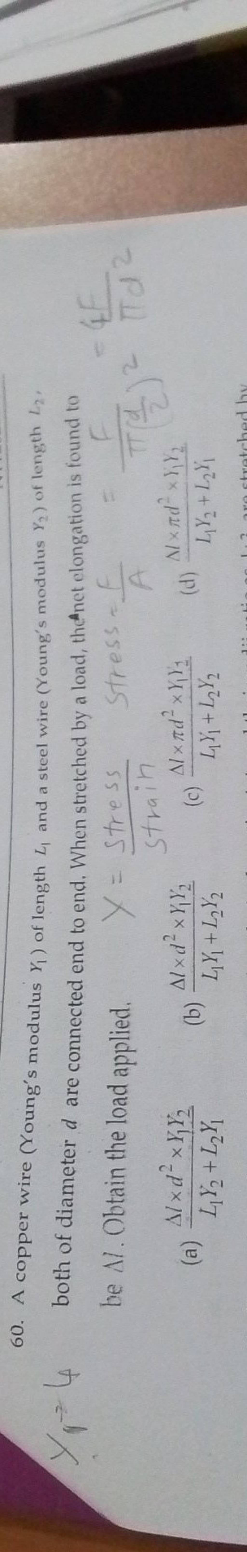 A copper wire (Young's modulus Y1 ) of length L1 and a steel wire (Young..
