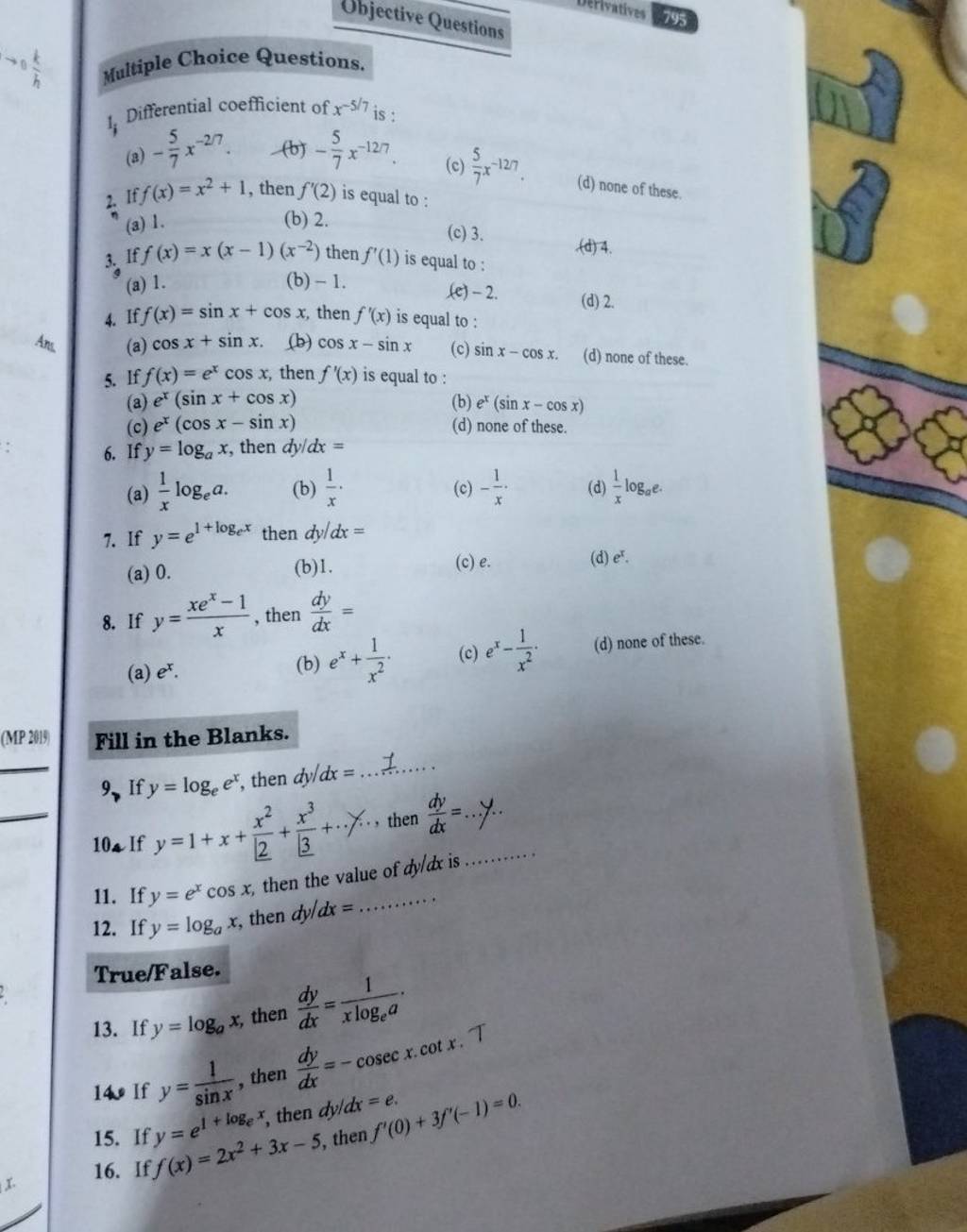 Multiple Choice Questions. 1. Differential coefficient of x−5/7 is