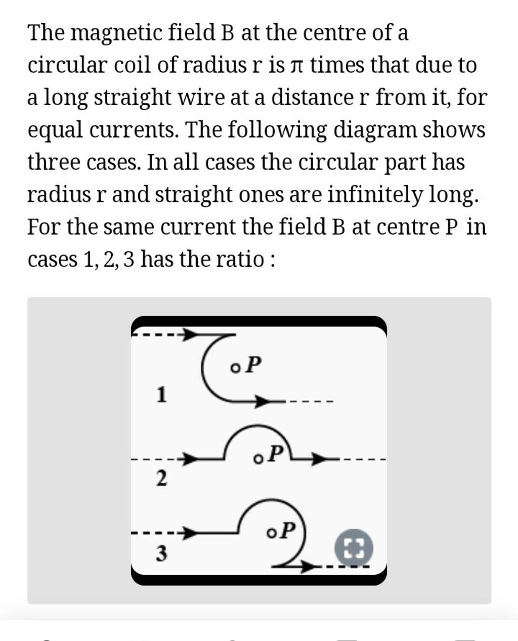 The magnetic field B at the centre of a circular coil of radius r is π ti..