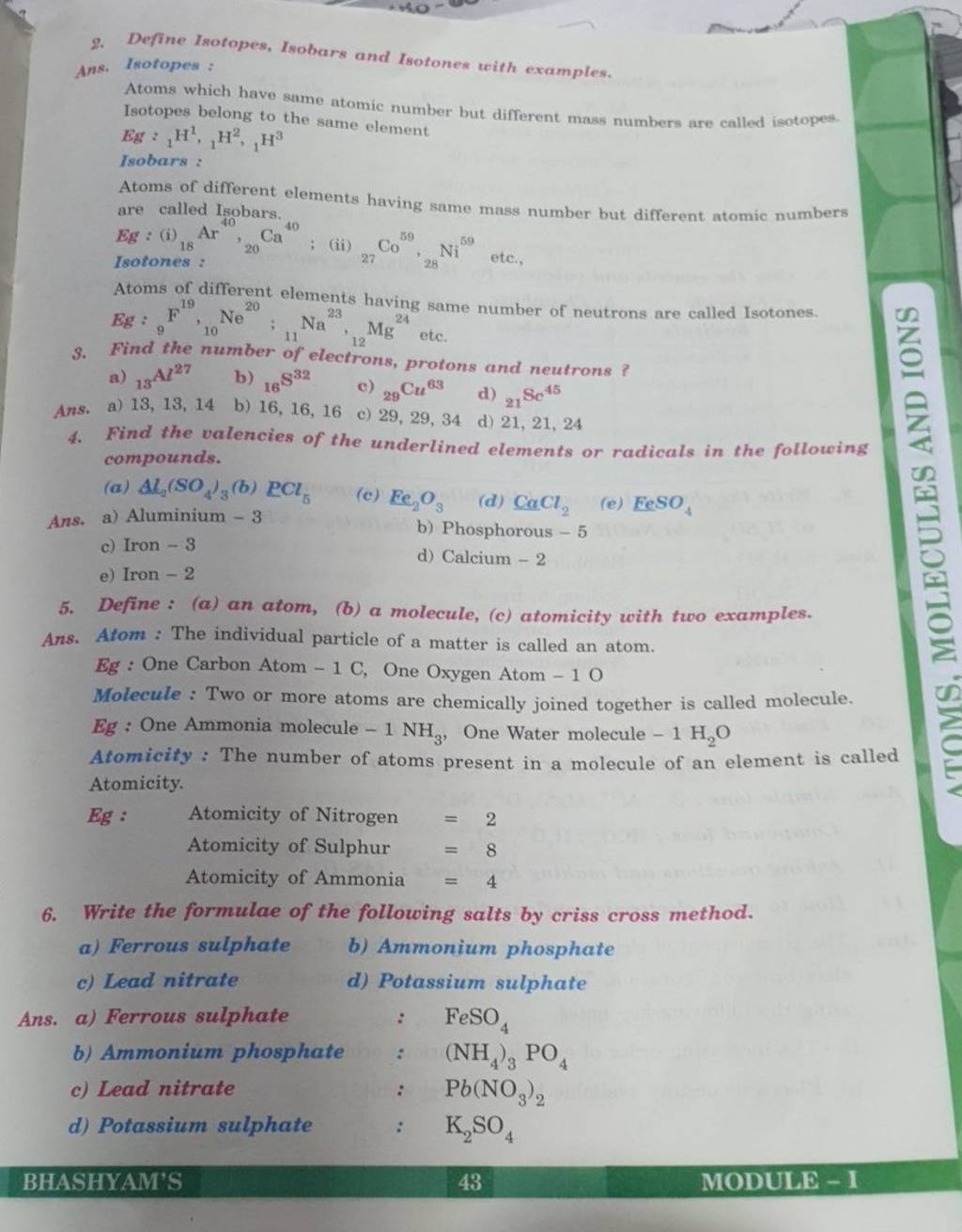 Define  (a) an atom, (b) a molecule, (c) atomicity with two examples. An..