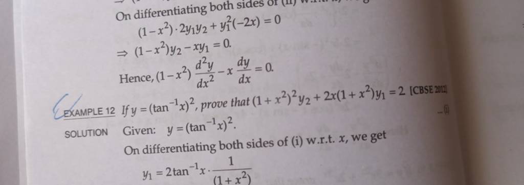 On differentiating both sides of (II)⇒​(1−x2)⋅2y1​y2​+y12​(−2x)=0(1−x2