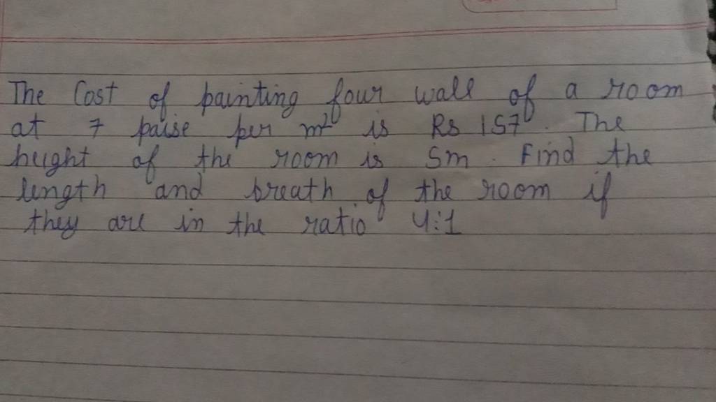 The Cost of painting four wall of a room at 7 paise per m2 is Rs 157 . Th..