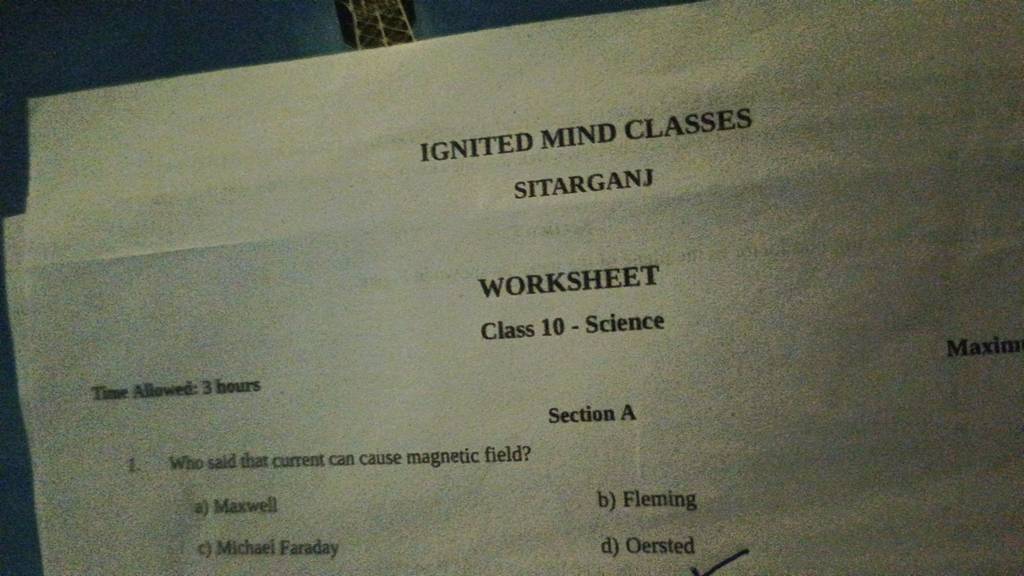 IGNITED MIND CLASSES SITARGANJ WORKSHEET Class 10 Science Time Allowed..