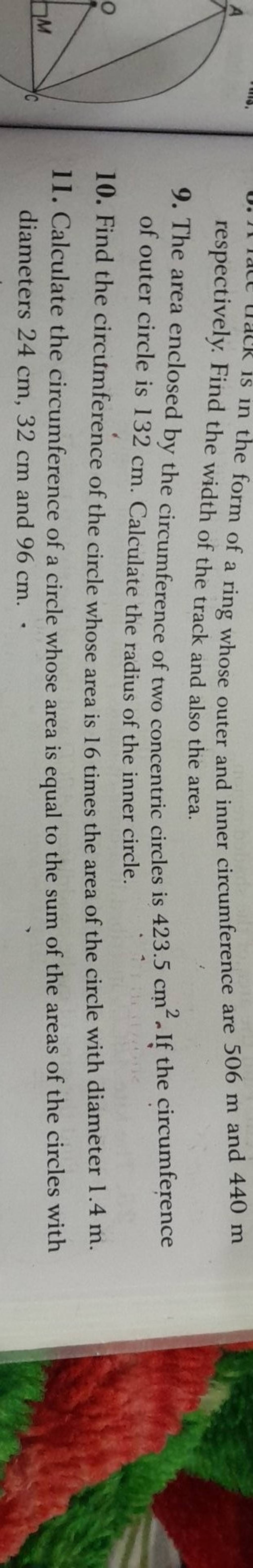 alle form of a ring whose outer and inner circumference are 506 m and 440..