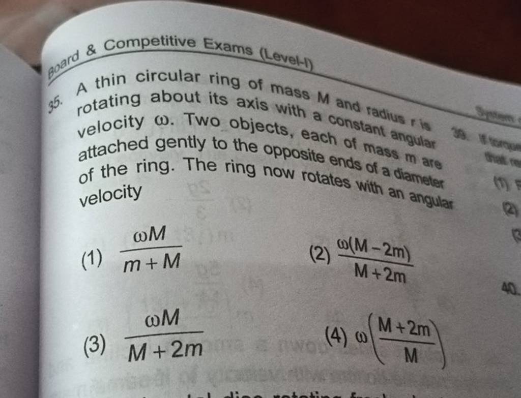 A thin circular ring of mass M and radius r is velocity ω. Two objects, e..