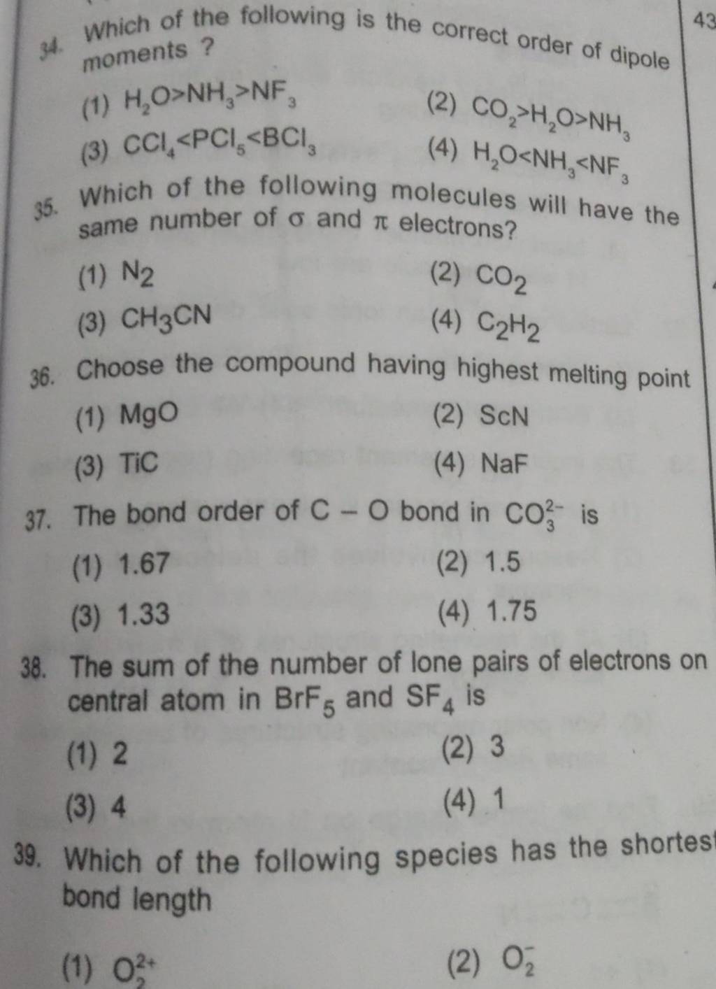 The bond order of C−O bond in CO32− is | Filo