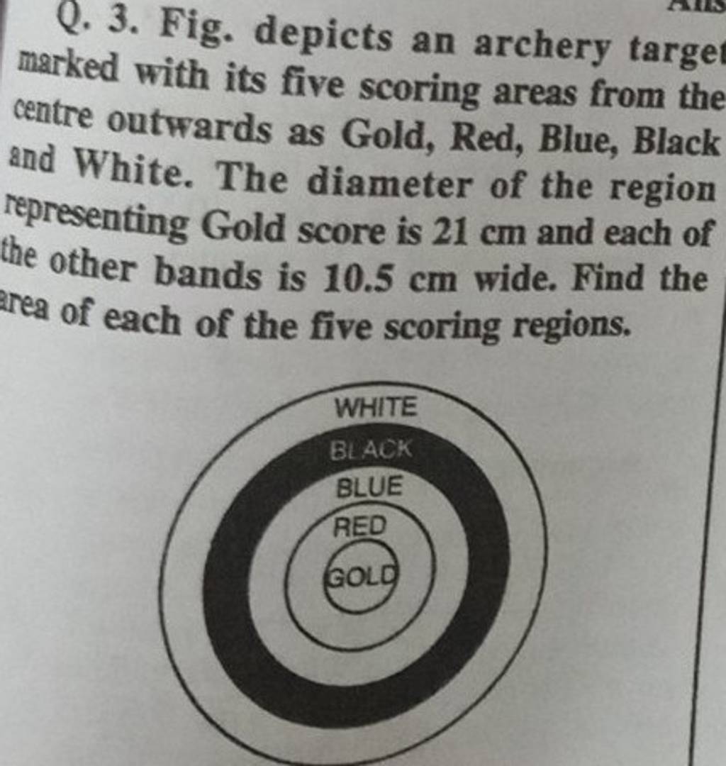 Q. 3. Fig. depicts an archery targe marked with its five scoring areas fr..