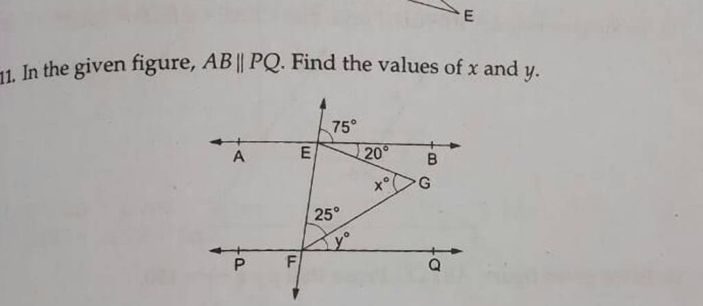 11. In the given figure, AB∥PQ. Find the values of x and y.