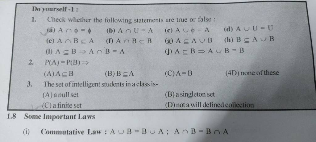 A⊆A∪B (h) B⊆A∪B (i) A⊆B⇒A∩B=A (j) A⊆B⇒A∪B=B 2. P(A)=P(B)⇒ | Filo