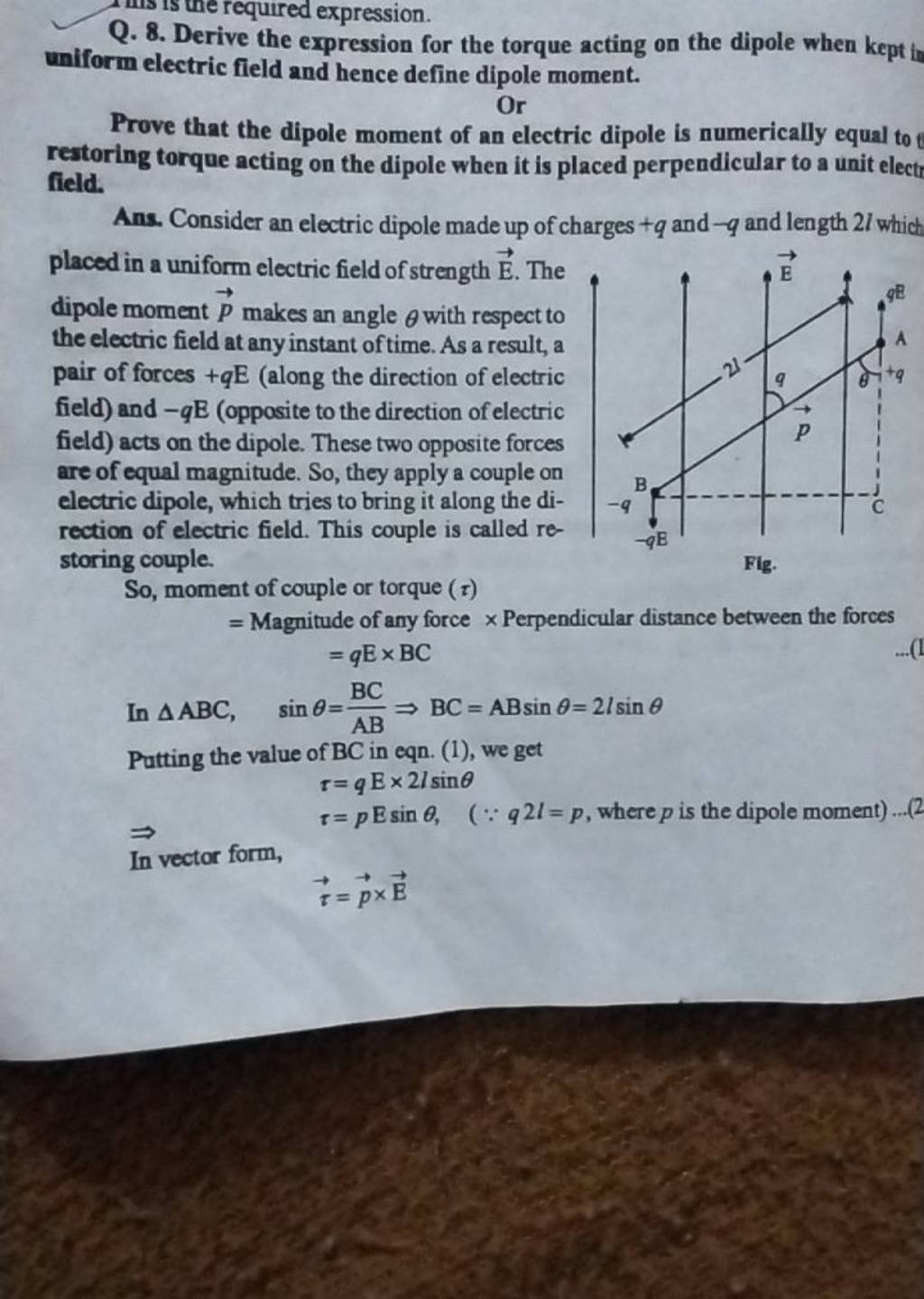 q-8-derive-the-expression-for-the-torque-acting-on-the-dipole-when-kept