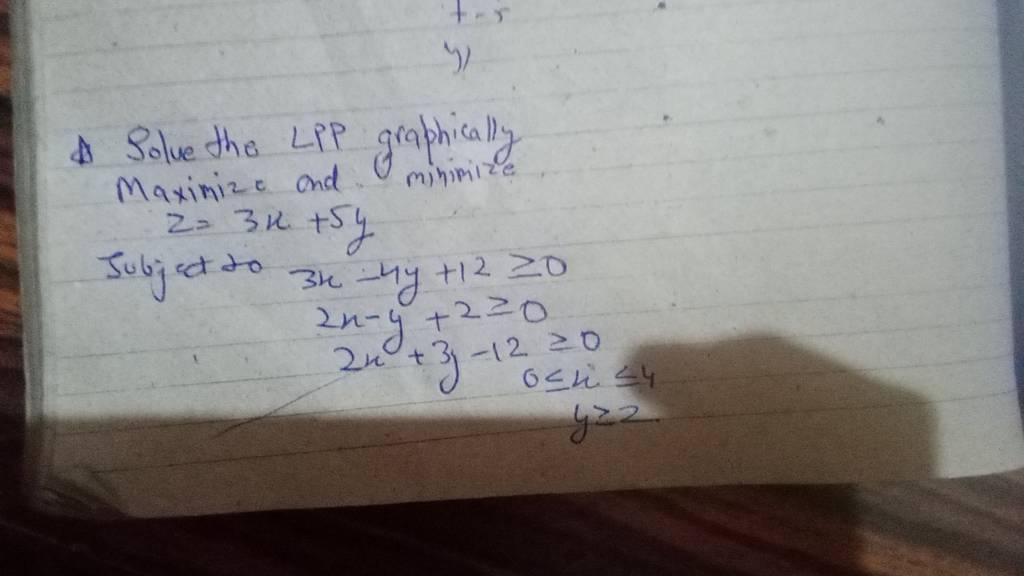 4) Solve the LPP graphically Maxinize and minimize z=3x+5y
Subject to 