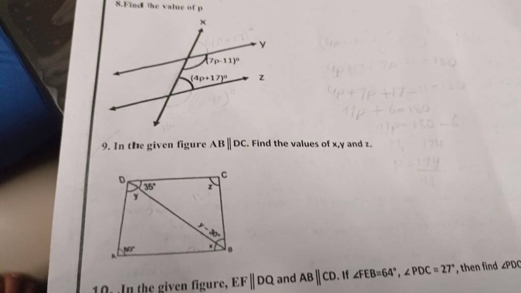 9 In The Given Figure Ab∥dc Find The Values Of Xy And Z 10 In The Gi 8968