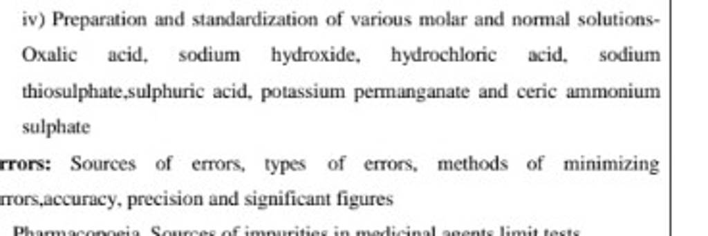 Iv) Preparation And Standardization Of Various Molar And Normal Solutions..