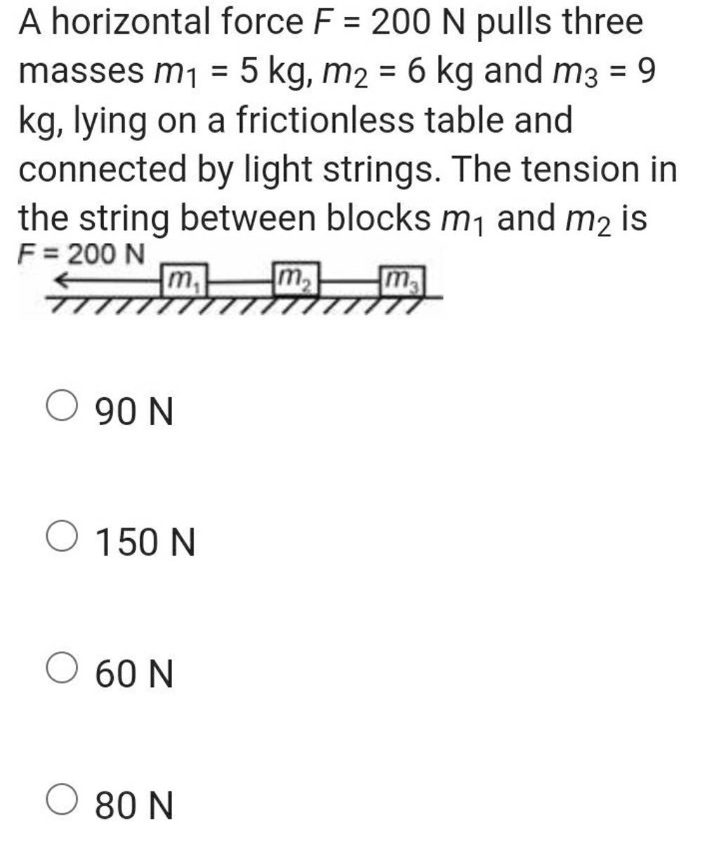 A horizontal force F=200 N pulls three masses m1 =5 kg,m2 =6 kg and m3 =9..