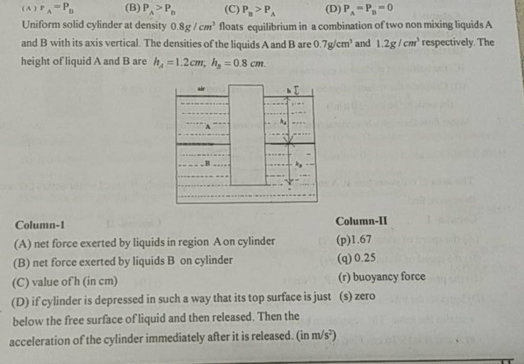 Uniform solid cylinder at density 0.8 g/cm3 floats equilibrium in a combi..