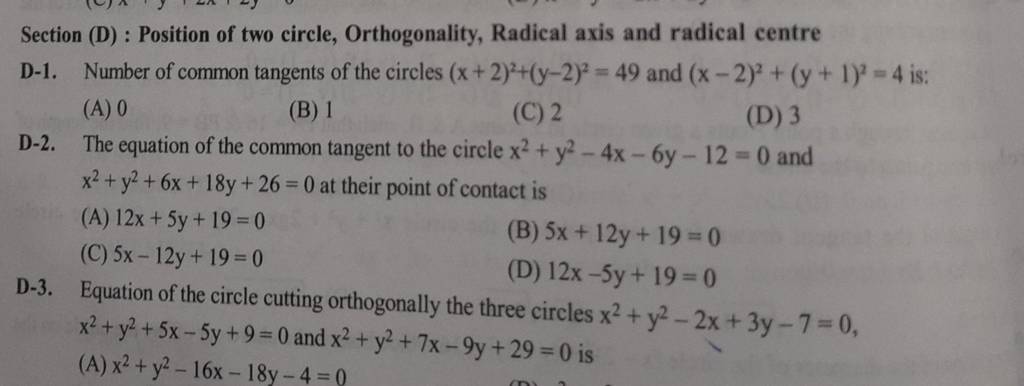 Section (D) : Position of two circle, Orthogonality, Radical axis and 