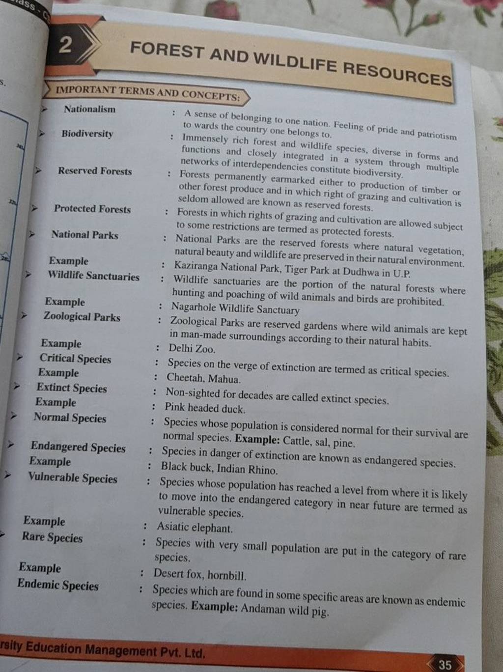 FOREST AND WILDLIFE RESOURCES IMPORTANT TERMS AND CONCEPTS A sense of